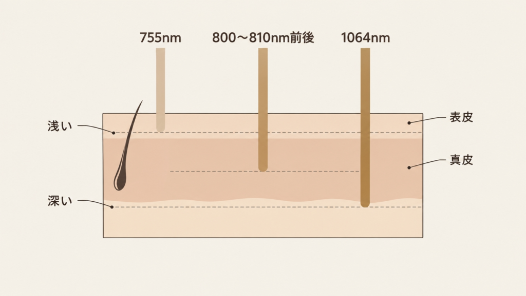 755nm、800〜810nm前後、1064nmの光の吸収と皮膚内での広がりを示す模式図