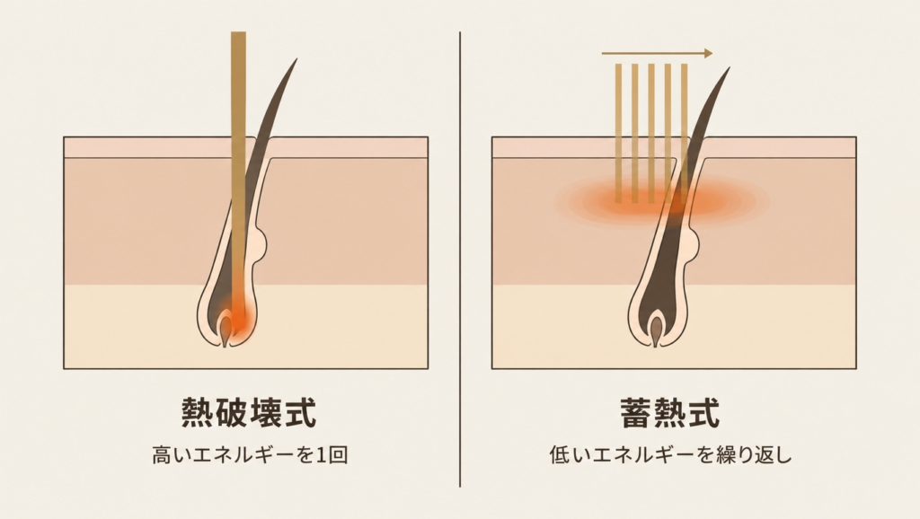 熱破壊式の単発照射と、蓄熱式の反復照射による熱の加わり方の違い